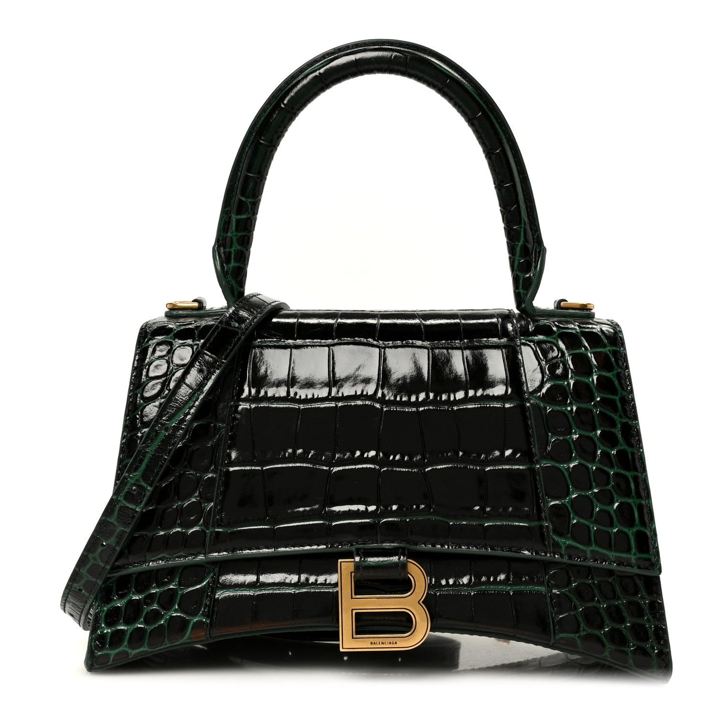 Shiny Calfskin Crocodile Embossed Small Hourglass Top Handle Bag Forest Green