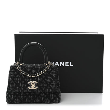 Washed Denim Quilted Coco Handle Clutch With Chain Black