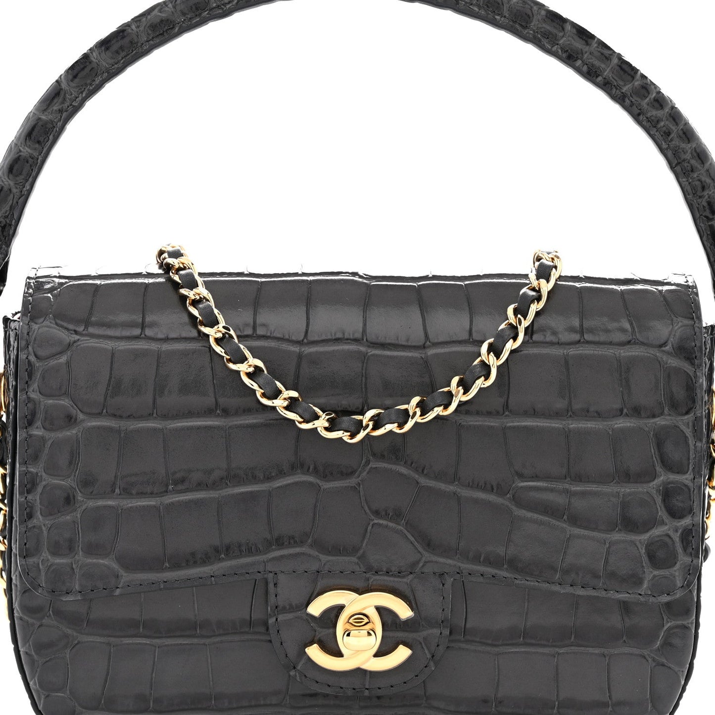 Calfskin Crocodile Embossed Turn Around Mini Flap Dark Grey