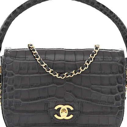 Calfskin Crocodile Embossed Turn Around Mini Flap Dark Grey