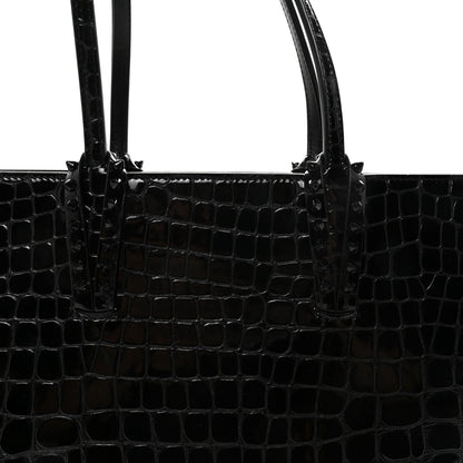 Patent Calfskin Crocodile Embossed Spikes Zipped Cabata Tote Black