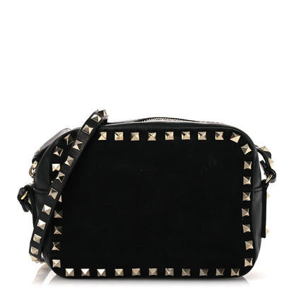 Calfskin Suede Rockstud Camera Crossbody Bag Black