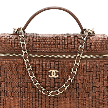 Braided Raffia Top Handle Slim Vanity With Chain Brown