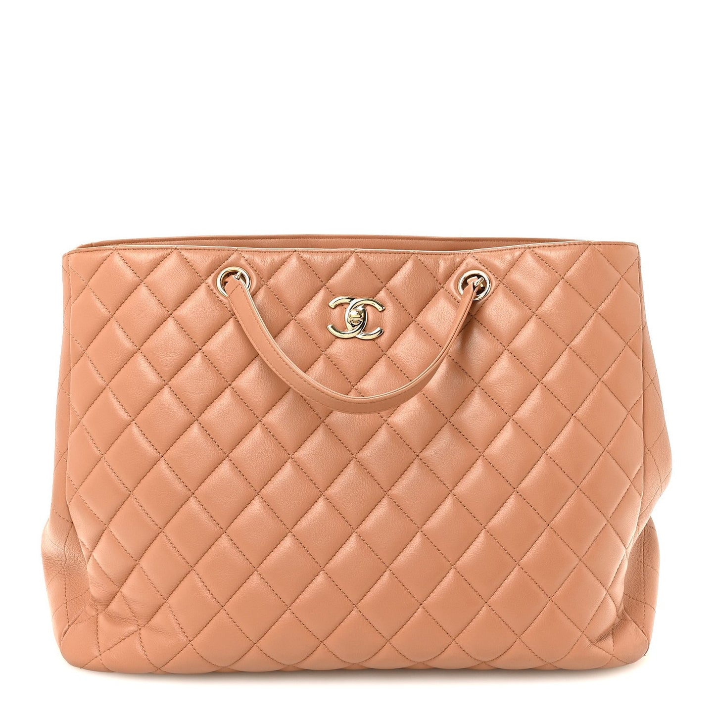 Calfskin Quilted Large CC Shopping Tote Camel