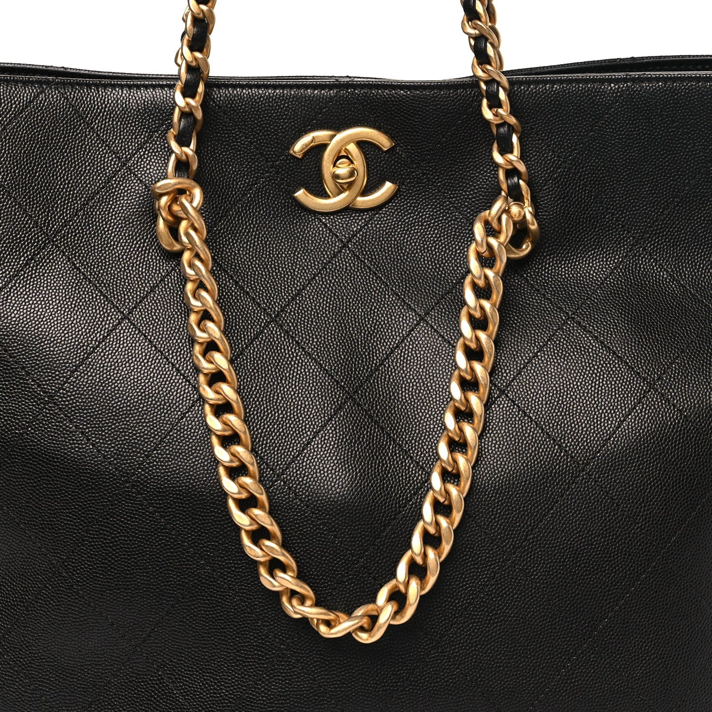 Shiny Caviar Stitched Softly Quilted Tote Black