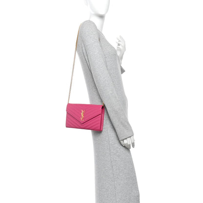 Grain De Poudre Matelasse Chevron Monogram Chain Wallet Lipstick Fuchsia