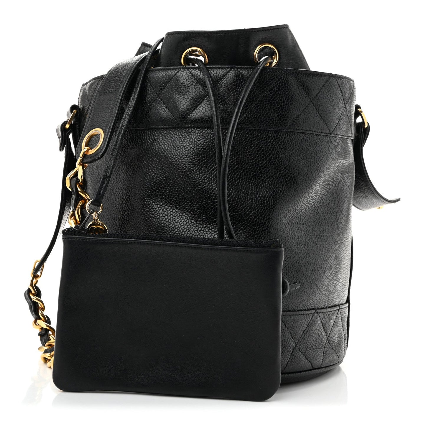 Caviar Drawstring Bucket Shoulder Bag Black