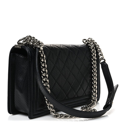 Lambskin Perforated Quilted New Medium Boy Flap Black
