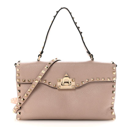 Pebbled Calfskin Medium Rockstud Top Handle Shoulder Bag Poudre