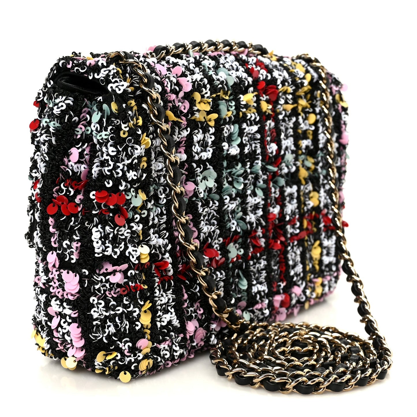 Tweed Sequin Small Single Flap Black Red Multicolor