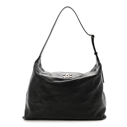 Shiny Lambskin Quilted Maxi Hobo Black
