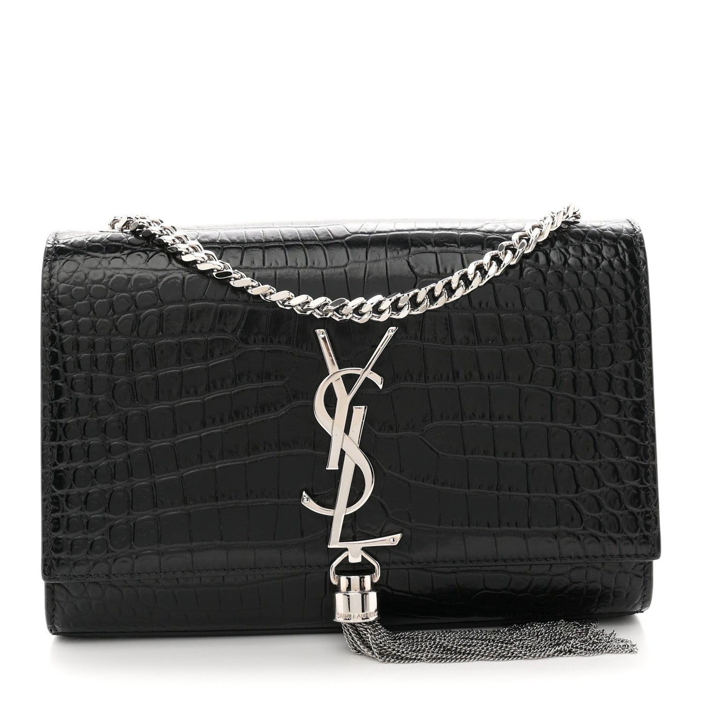 Calfskin Crocodile Embossed Small Classic Monogram Kate Tassel Satchel Black