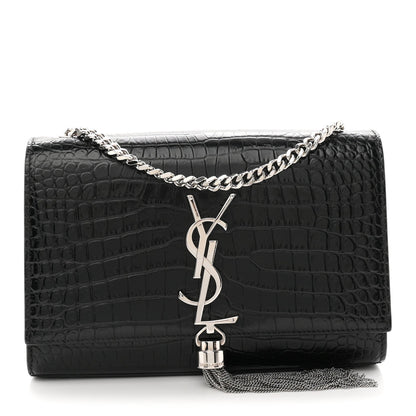 Calfskin Crocodile Embossed Small Classic Monogram Kate Tassel Satchel Black