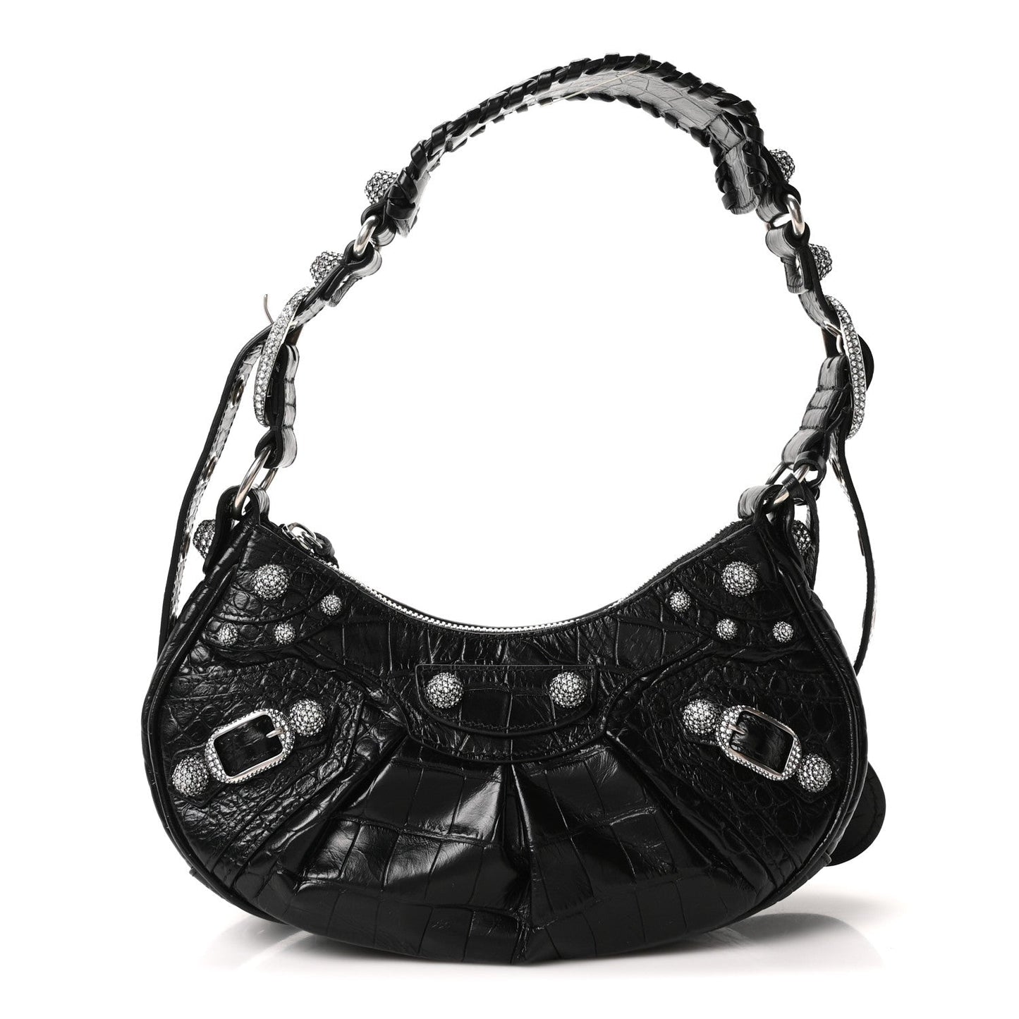 Extra Supple Calfskin Crystal Crocodile Embossed Le Cagole Shoulder Bag XS Black
