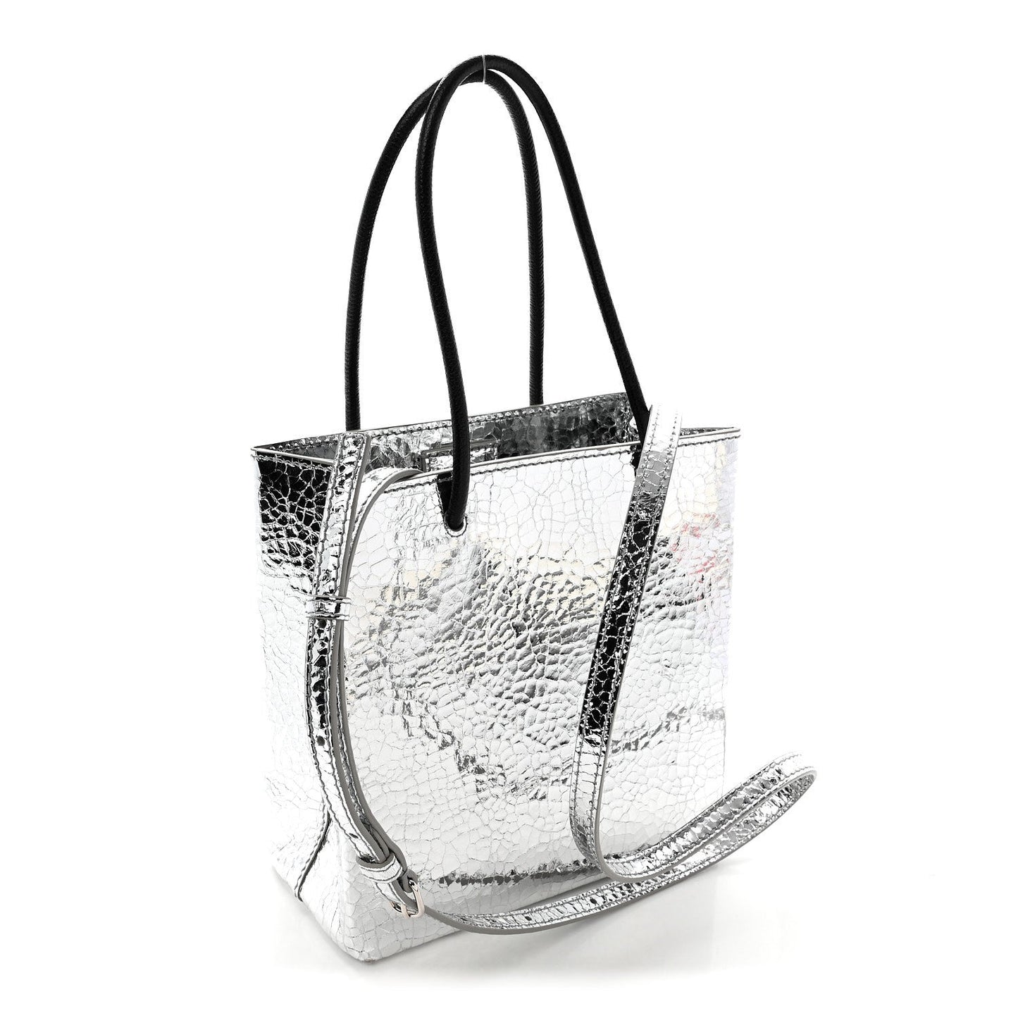 Crackled Mirror Calfskin Logo North South Shopper Tote XXS Silver
