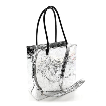 Crackled Mirror Calfskin Logo North South Shopper Tote XXS Silver