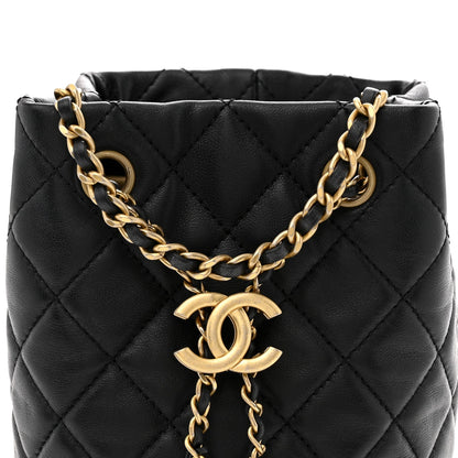 Lambskin Quilted Small Pearl Crush Bucket Bag Black