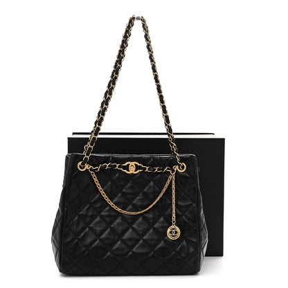 Shiny Calfskin Quilted Fancy Jewel Tote Bag Black