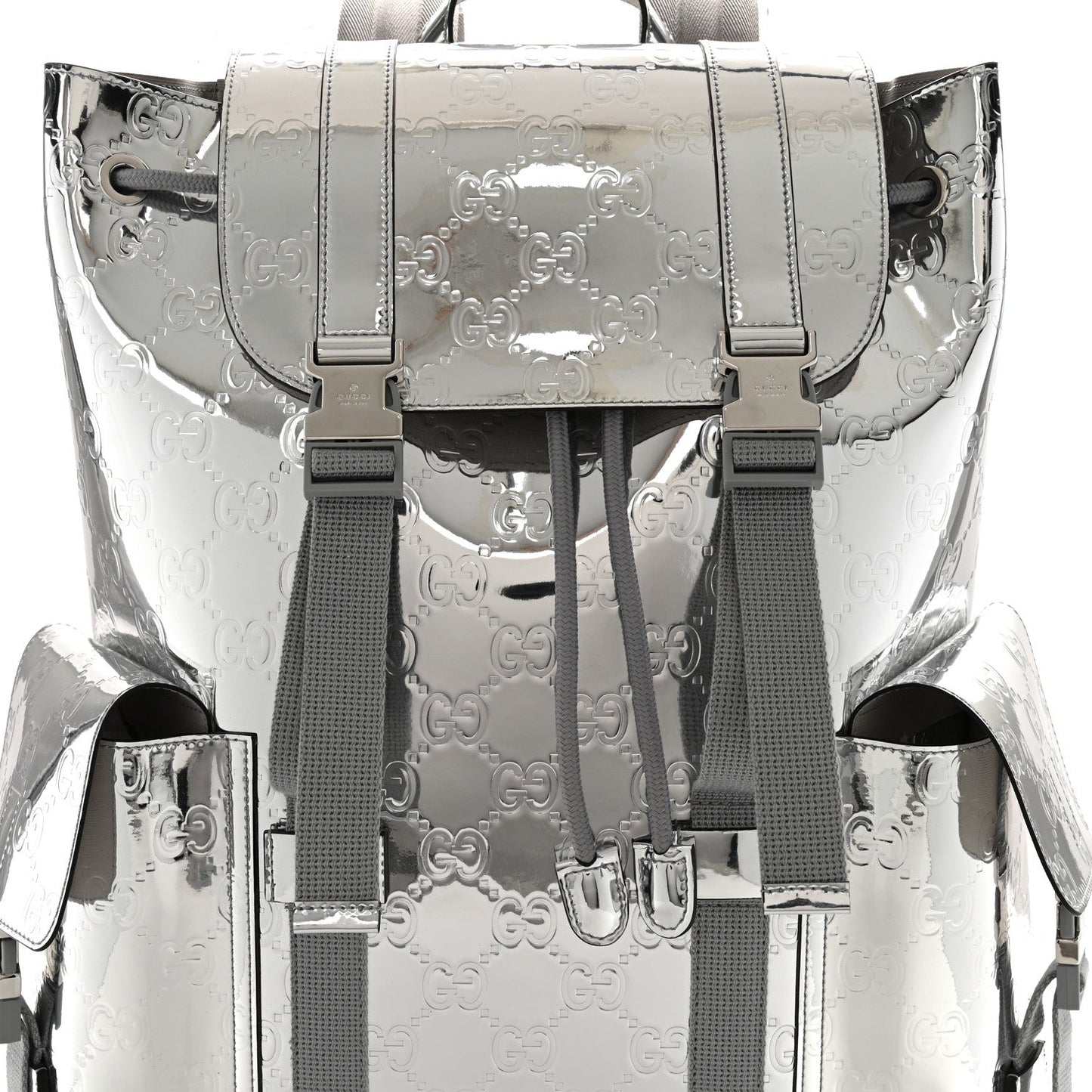 Mirror Effect GG Monogram Appia Calfskin Web Double Buckle Backpack Silver