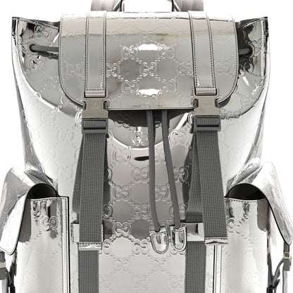 Mirror Effect GG Monogram Appia Calfskin Web Double Buckle Backpack Silver