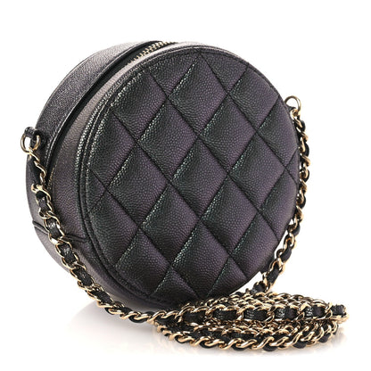 Iridescent Caviar Quilted Round Clutch With Chain Black