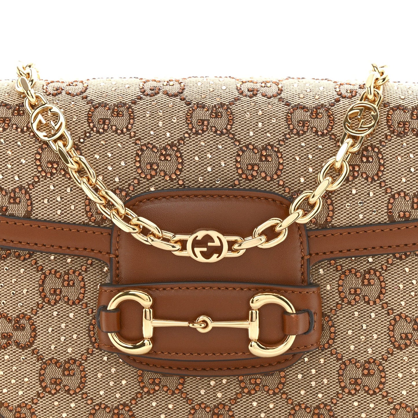 New Canvas Charisma Calfskin Crystal GG Monogram Mini Horsebit 1955 Shoulder Bag Camel Ebony