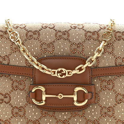 New Canvas Charisma Calfskin Crystal GG Monogram Mini Horsebit 1955 Shoulder Bag Camel Ebony