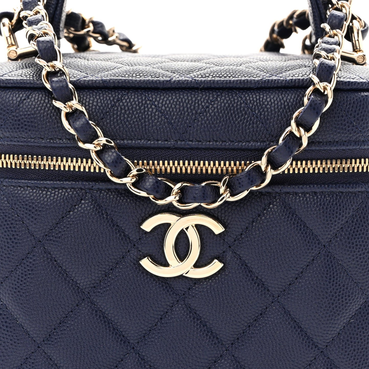 Caviar Quilted Small Top Handle Vanity Case With Chain Navy Blue