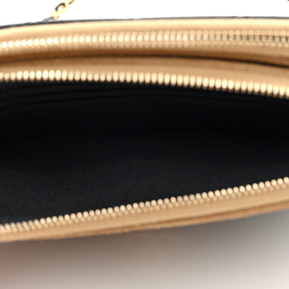 Suede Shiny Lambskin Quilted Phone Holder With Chain Black Beige