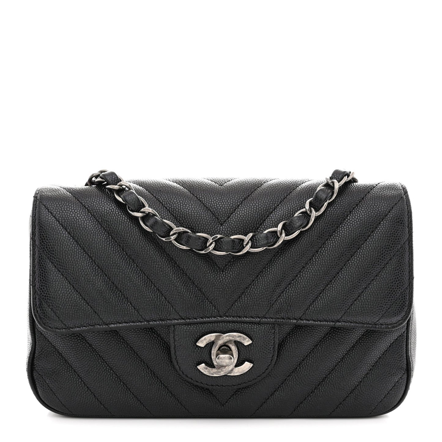 Iridescent Caviar Chevron Quilted Mini Rectangular Flap Black