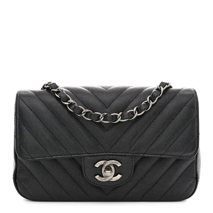 Iridescent Caviar Chevron Quilted Mini Rectangular Flap Black