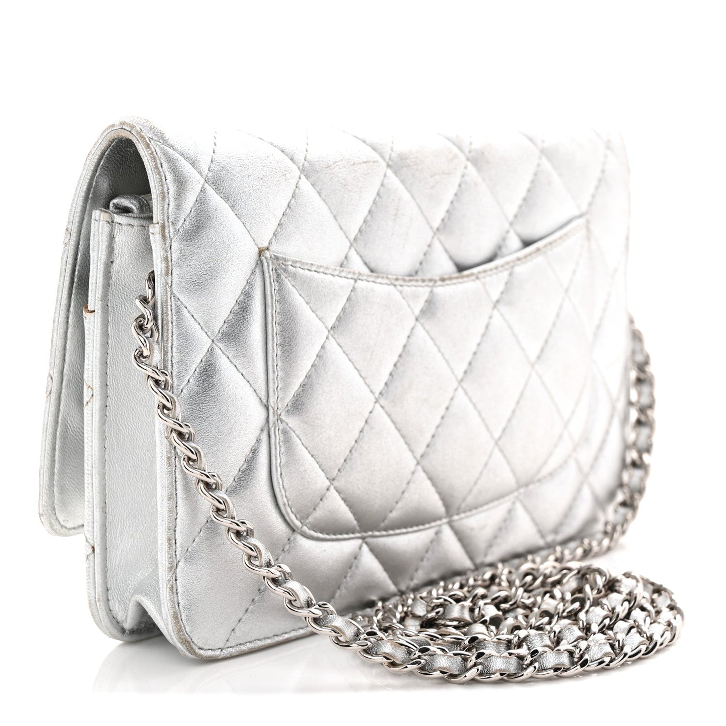 Metallic Lambskin Quilted Wallet On Chain WOC Silver