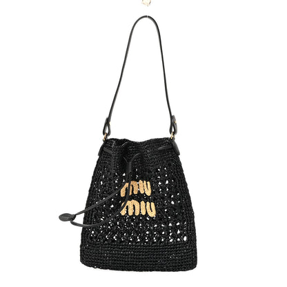 Raffia Crochet Drawstring Pouch Black Naturale