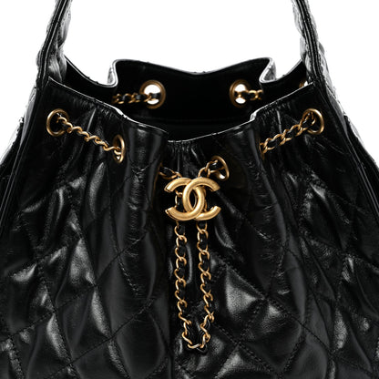 Shiny Crumpled Calfskin Quilted Small Chanel 25 Handbag Black