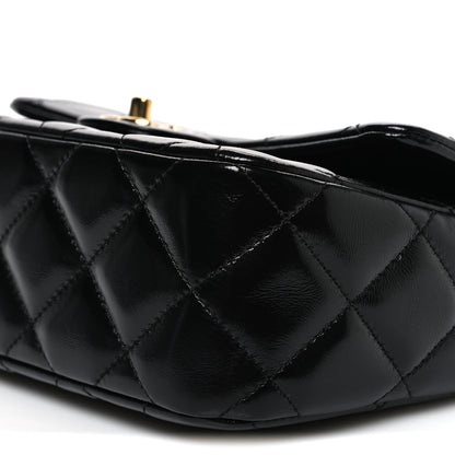 Shiny Lambskin Quilted Twisted Links Top Handle Flap Black