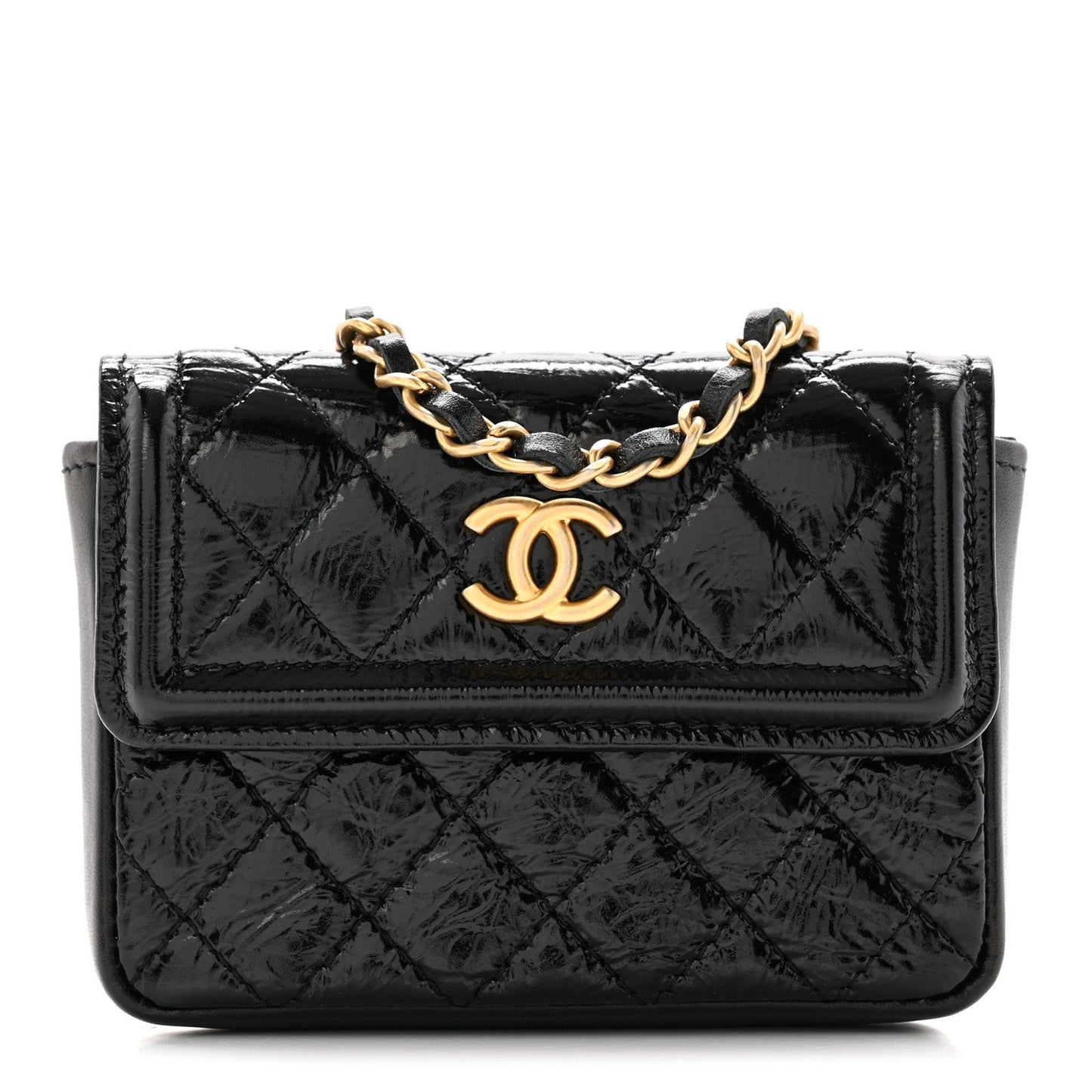 Shiny Aged Calfskin Quilted Waist Belt Bag Black