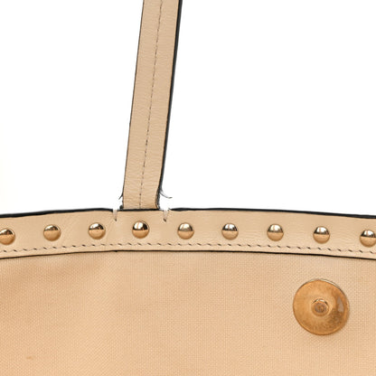 Metallic Boucle Raffia Calfskin Rockstud Shoulder Tote White Gold Ivory