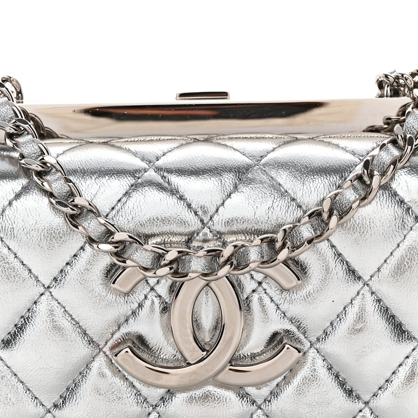 Metallic Calfskin Quilted Box Crossbody Silver