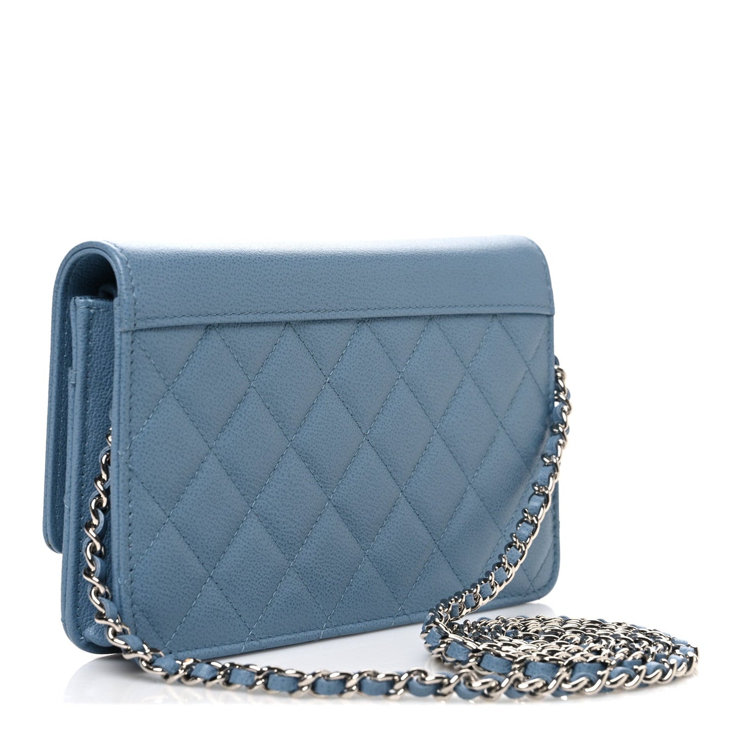 Grained Calfskin Quilted CC Box Wallet On Chain WOC Blue