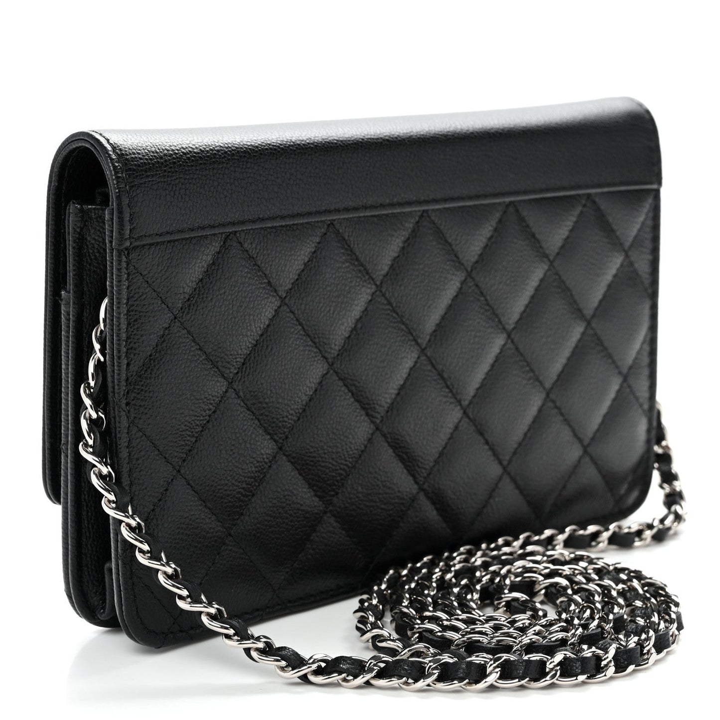 Grained Calfskin Quilted CC Box Wallet On Chain WOC Black