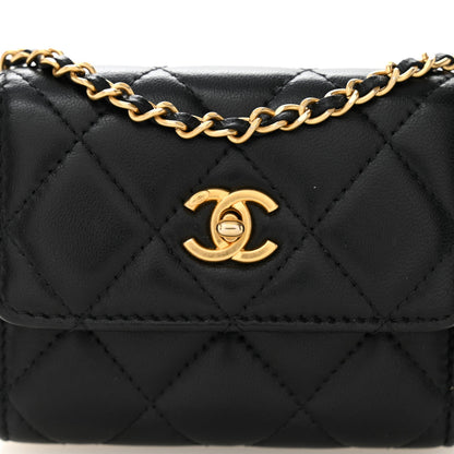 Lambskin Quilted Pearl Crush Card Holder With Chain Black