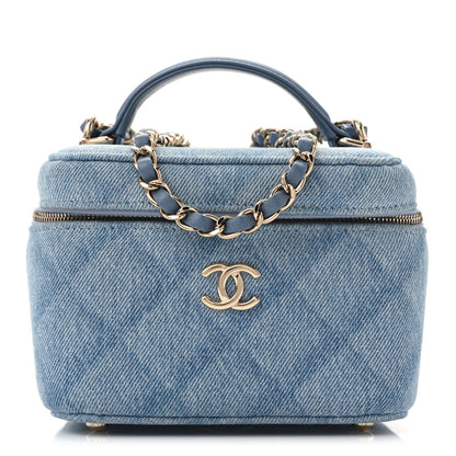 Denim Quilted Small CC Vanity Case Blue