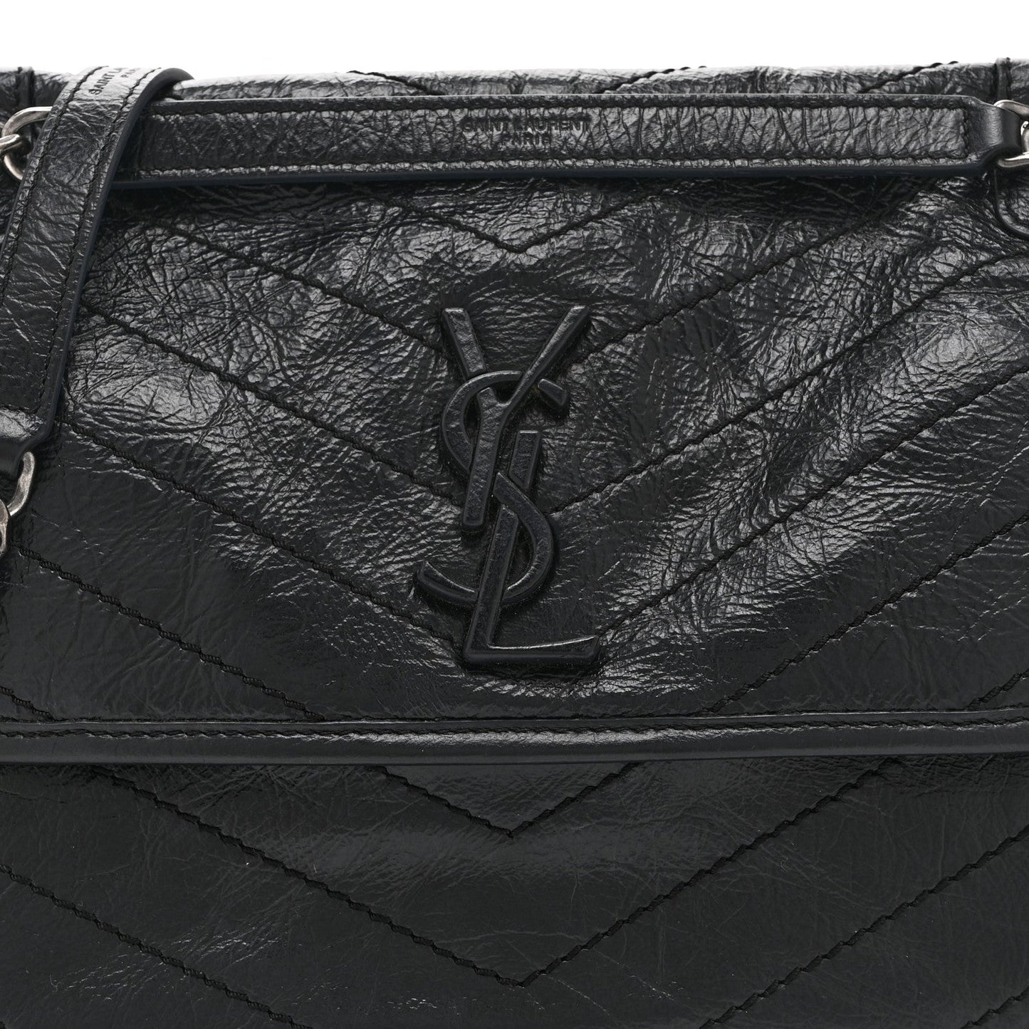 Crinkled Calfskin Matelasse Monogram Medium Niki Chain Satchel Black