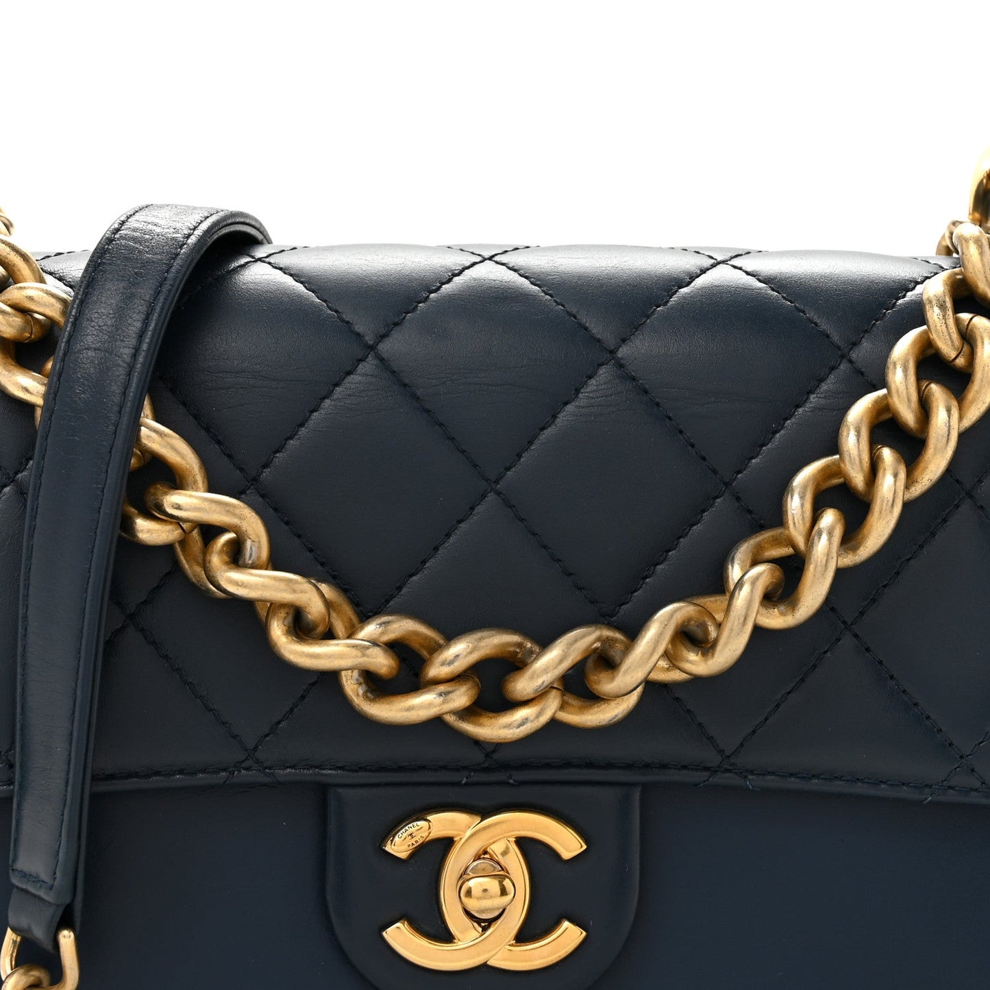 Glazed Calfskin Quilted Small Straight Lined Flap Blue