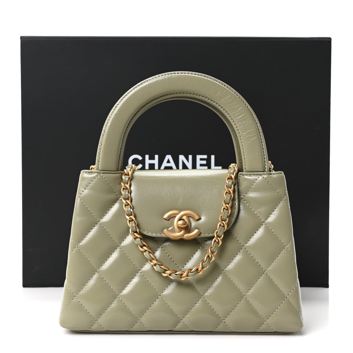 Shiny Aged Calfskin Quilted Nano Kelly Shopper Khaki