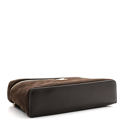 Suede Calfskin Top Handle Trapeze Small Vanity Case With Chain Dark Brown