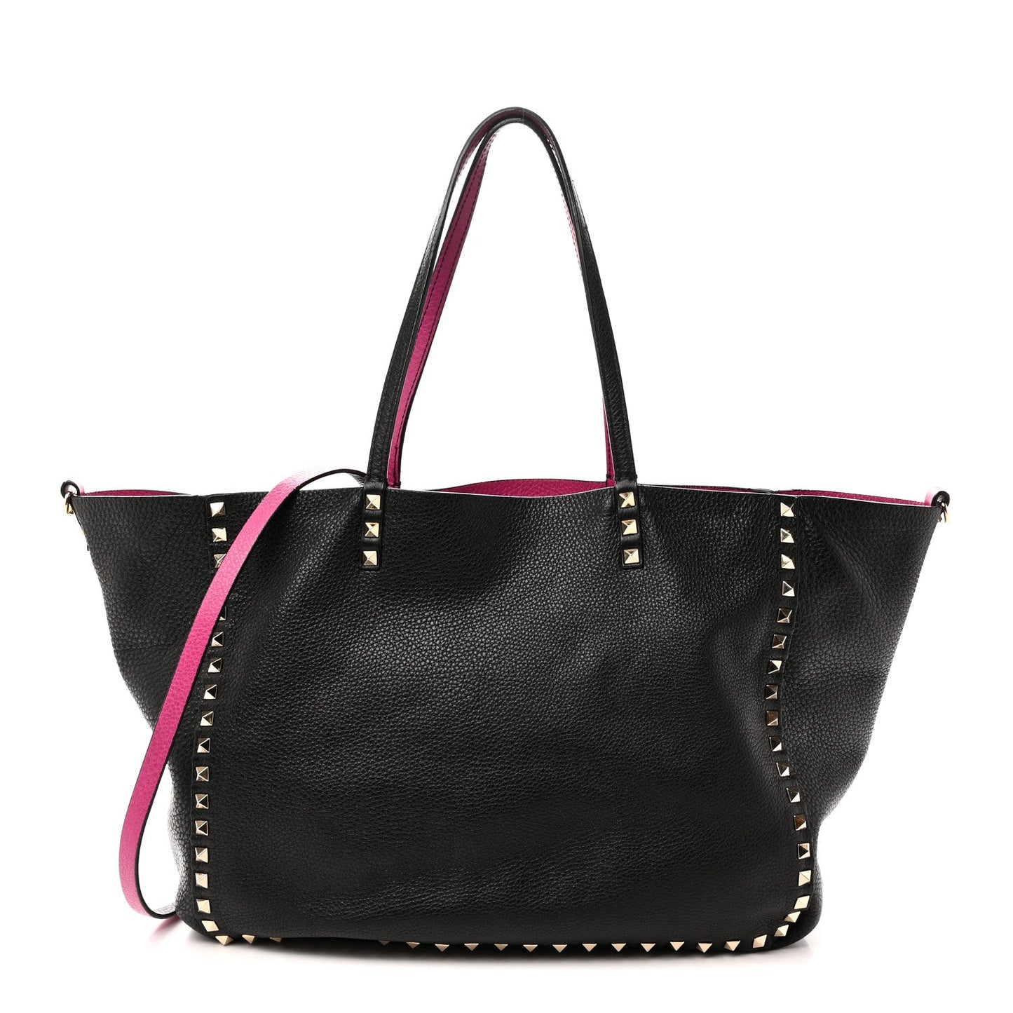 Grained Calfskin Medium Rockstud Reversible Tote Black Rose Violet