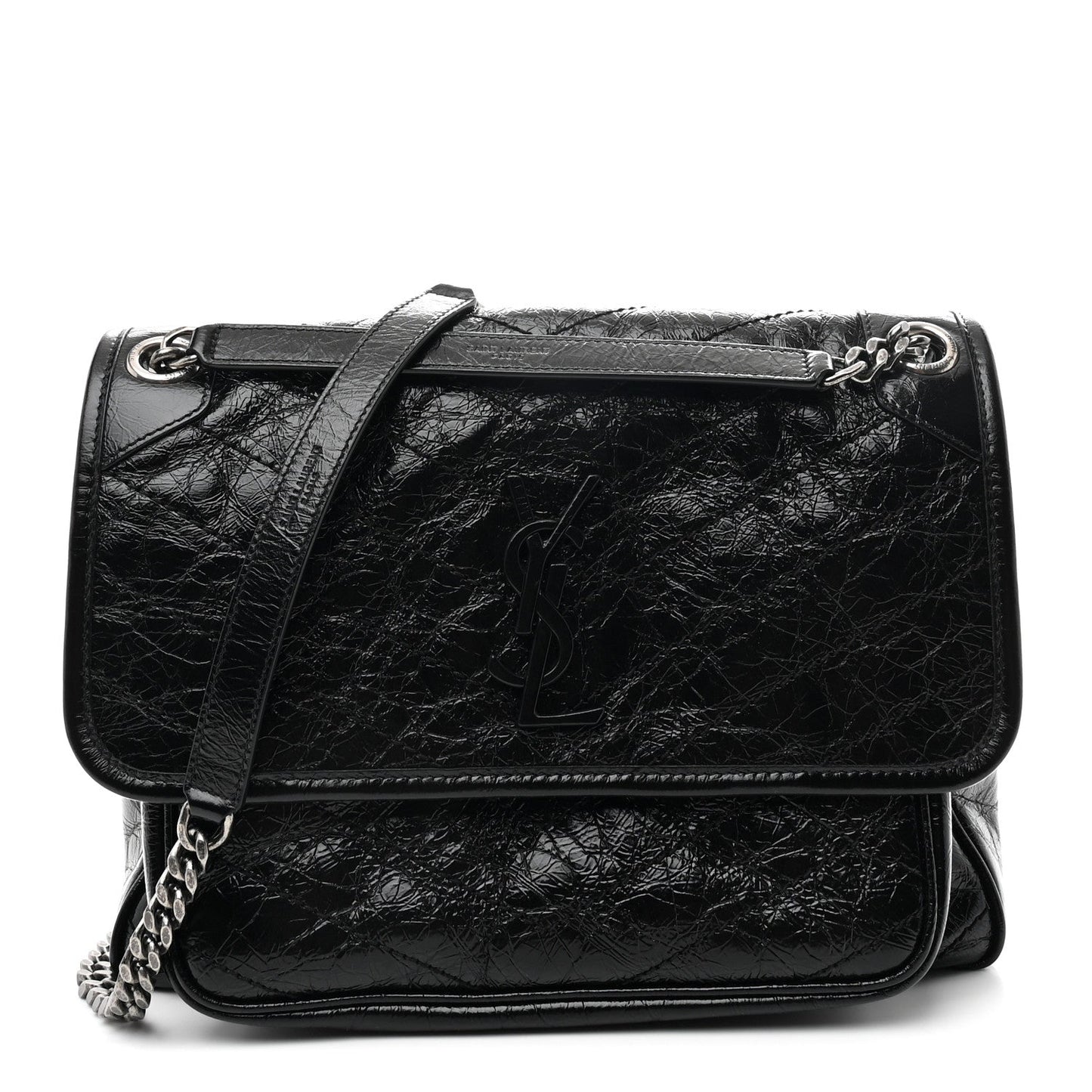 Crinkled Calfskin Matelasse Monogram Medium Niki Chain Satchel Black