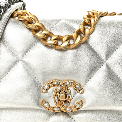 Metallic Lambskin Quilted Medium Chanel 19 Flap Silver