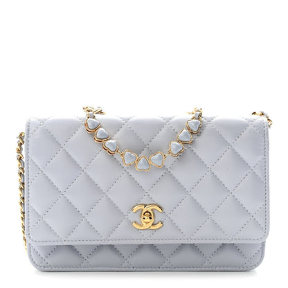 Lambskin Quilted Hearts CC Wallet On Chain WOC Light Blue